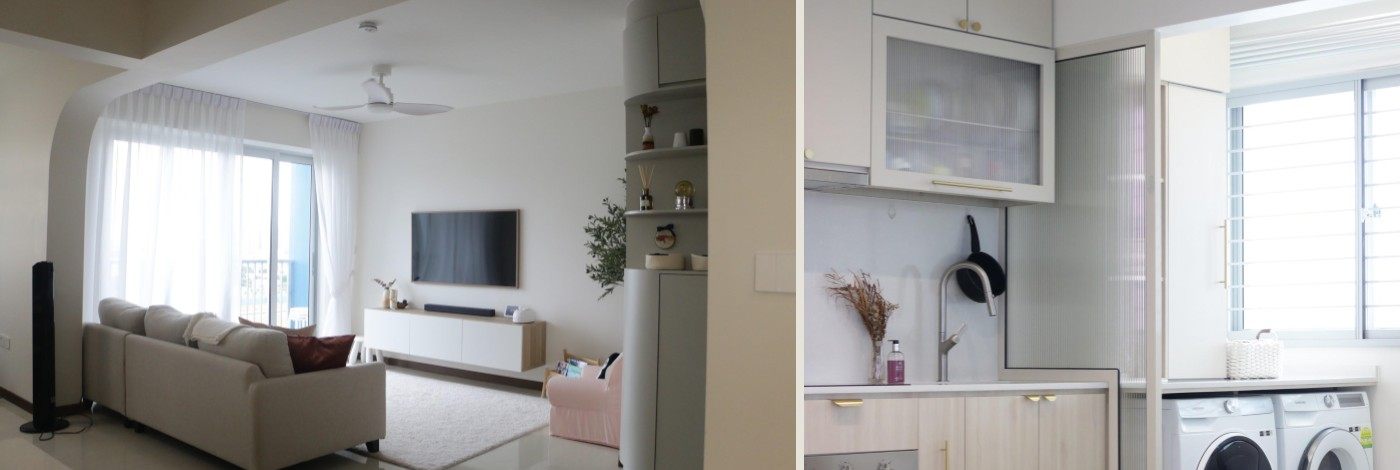 Pale timber TV console and storage in an HDB flat